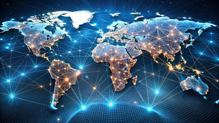 World map on a technological background, glowing lines symbols of the Internet, radio, television,...