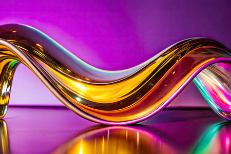 close up of a colorful glass wavy shape on a purple background