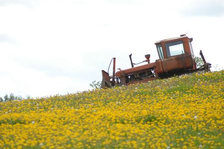 Tractor and flowersの写真素材