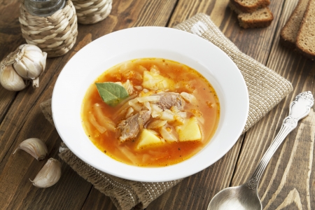 Cabbage soup with meat. Russian traditional dishの写真素材