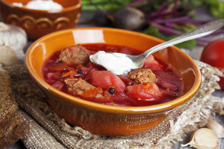 Soup with red beets. Russian traditional borsch
