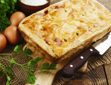 Tart of puff pastry with cabbage and eggsの写真素材