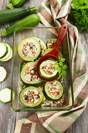 Zucchini stuffed with minced meat and riceの写真素材