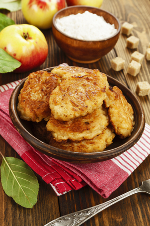 Homemade pancakes with apple on a plateの写真素材