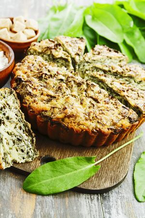 Sweet pie with sorrel on the tableの写真素材