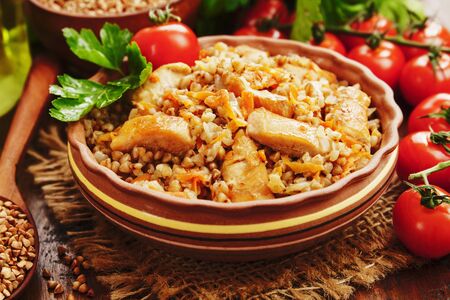 Buckwheat porridge with meat in the potの写真素材