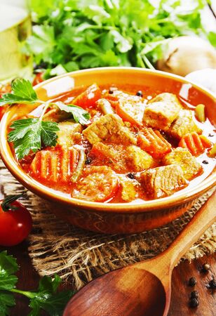 Meat stew with vegetables in tomato sauceの写真素材