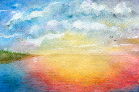 Seascape, abstraction, watercolor illustration and paper textureの写真素材