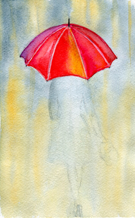 Woman and rain, watercolor illustrations and paper textureの写真素材