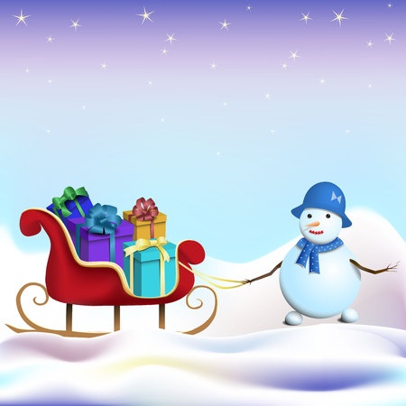 New Year card, snowman with sleigh and gifts, vector illustrationのイラスト素材