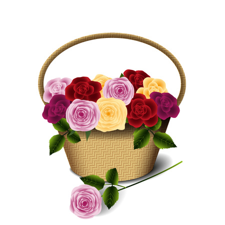 Greeting card, basket with roses, isolated on a white background, vector illustrationのイラスト素材