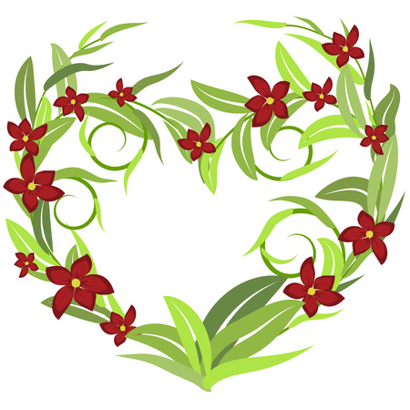 Greeting card, ornament of curls, leaves and red flowers isolated on a white backgroundのイラスト素材