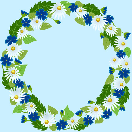 Wreath chamomile and primrose floral with leaves set. Spring or summer design for background  or invitation, wedding or greeting cards, Isolated on white background, vector illustrationのイラスト素材