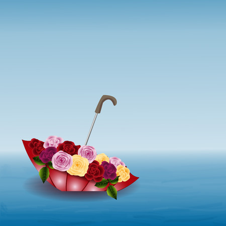 Seascape, umbrella with flowers on the water, sky and horizon, vector illustrationのイラスト素材