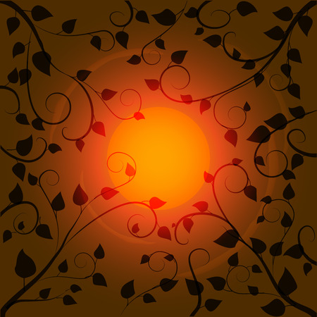 Tops of trees with leaves and curls on a background of sky and sun, illustrationのイラスト素材