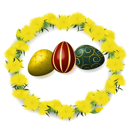 Three easter eggs, decorated with ornaments, and wreath of dandelions isolated on white backgroundのイラスト素材