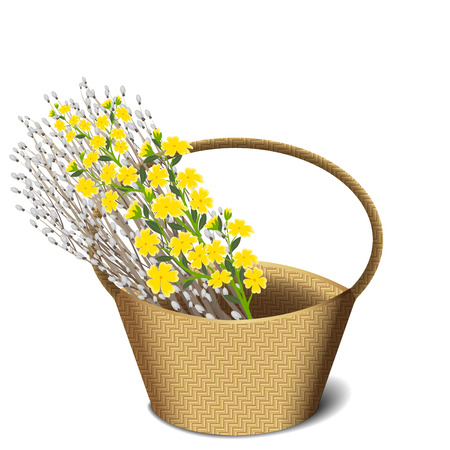 Bunch of willow branches and yellow wild flowers in a basket isolated on white background, illustrationのイラスト素材