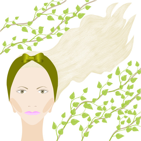 Girl's portrait with green headband and a tree branch isolated on white background, vector illustrationのイラスト素材