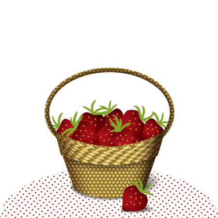 Wicker basket with strawberries on the tablecloth isolated on white background, illustrationのイラスト素材