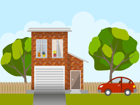 Front of the house, the trees in the yard and the car, lifestyle scene. Vector illustrationのイラスト素材