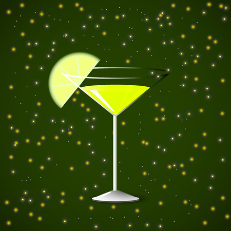 Wineglass of martini, spray, slice of lime on a green background, illustrationのイラスト素材