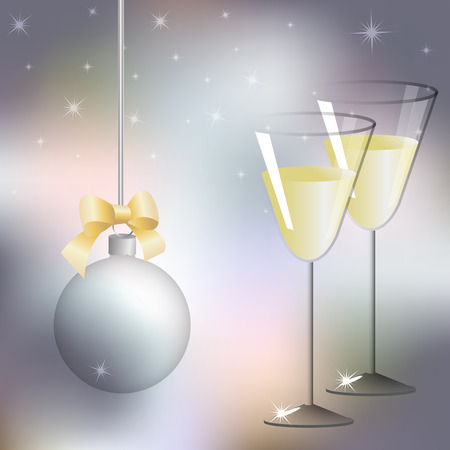 Transparent Christmas ball with a gold bow and two glasses of champagne against the background of the winter starry sky, vector illustrationのイラスト素材