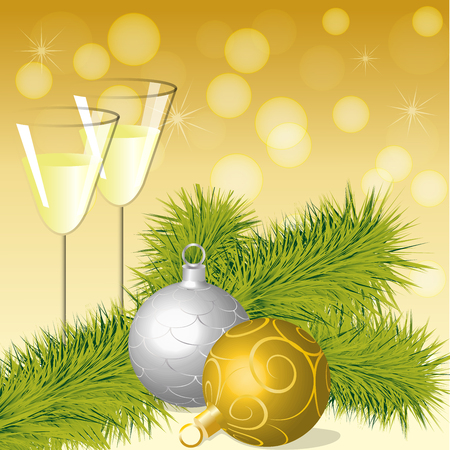 Gold and silver Christmas balls, two glasses of champagne and a pine branch on bokeh background, vector illustrationのイラスト素材