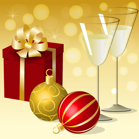 Gold and red striped Christmas balls, two glasses of champagne and a gift on bokeh background, vector illustrationのイラスト素材