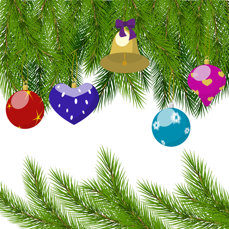 Frame from the pine branches and colorful Christmas decorations isolated on white background, vector illustrationのイラスト素材