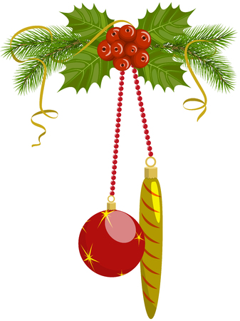Christmas bouquet with holly berries, leaves and pine branches, decorated with serpentine and Christmas toys, isolated on white background, vector illustrationのイラスト素材