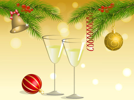 Two glasses of wine under the branches of a Christmas tree, decorated with balls, bell, streamers and berries against the background of golden bokeh, vector illustrationのイラスト素材