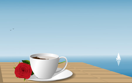 Cup of coffee and red rose on a wooden table against the background of a sea landscape, bird and yacht on the horizon, vector illustrationのイラスト素材