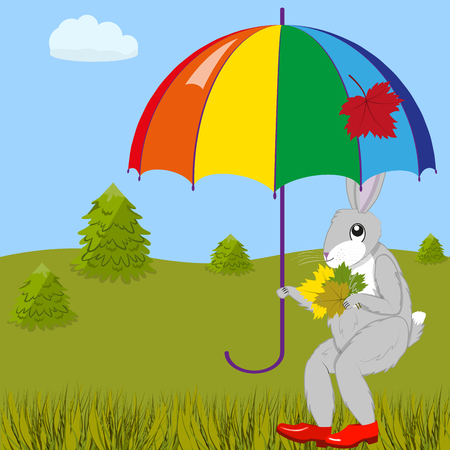 Hare under the umbrella collects autumn leaves in a forest glade, vector illustration.のイラスト素材