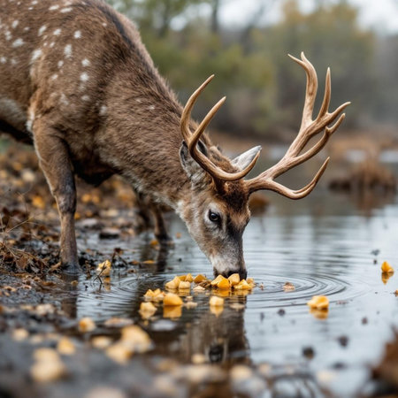 Fallow deer, Cervus elaphus, drinking water.の素材