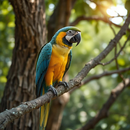 Beautiful macaw bird sitting on a branch in the forest.の素材