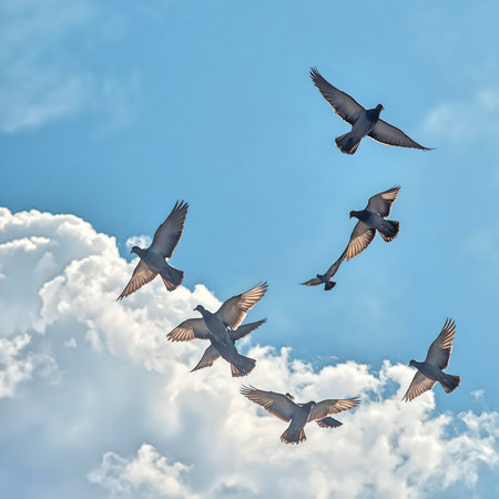 Pigeons flying in the blue sky with clouds. 3d renderingの素材