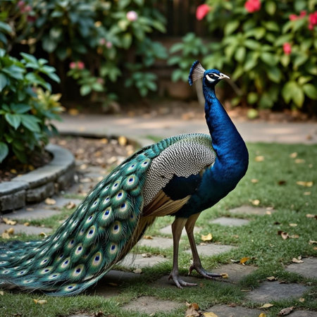 Peacock in the garden. Beautiful peacock with colorful feathersの素材