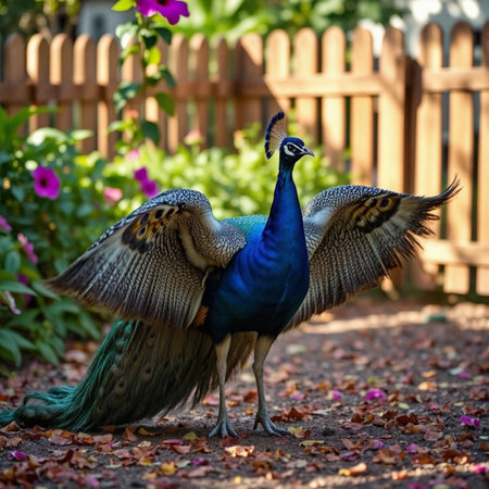 Peacock in the garden on a background of a wooden fenceの素材