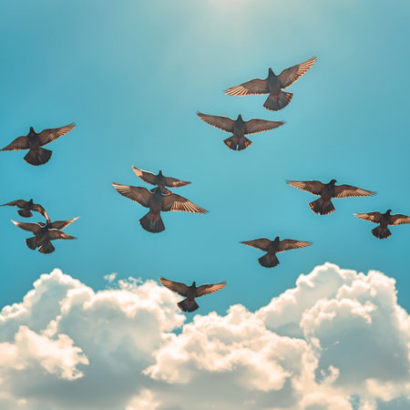 A flock of pigeons flying in the blue sky over the cloudsの素材