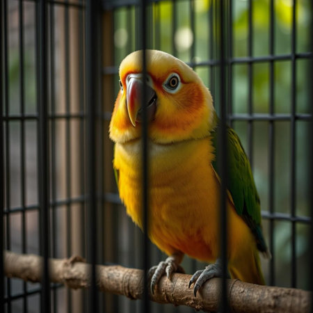 Yellow and green parrot sitting on a branch in a cage.の素材