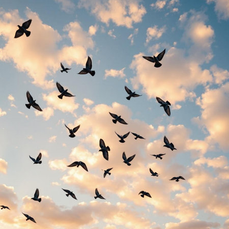 A flock of pigeons flying in the sky at sunset or sunriseの素材