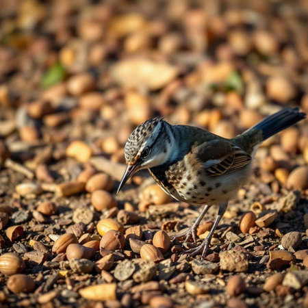 Bird on the ground with nuts. Wildlife scene from nature. Bird in the nature habitat.の素材