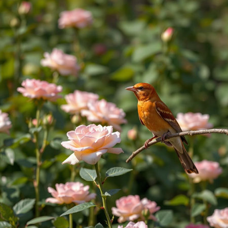 Red-headed goldfinch (Luscinia rubra) perched on a pink roseの素材