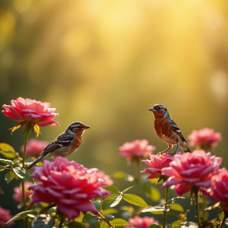 Two chaffinch birds on a red rose bush at sunset.の素材