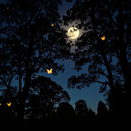 Full moon in the night sky over the forest. Silhouettes of trees on the background.の素材
