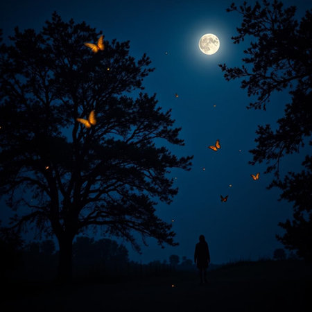 Silhouette of a woman in the forest at night in full moon lightの素材