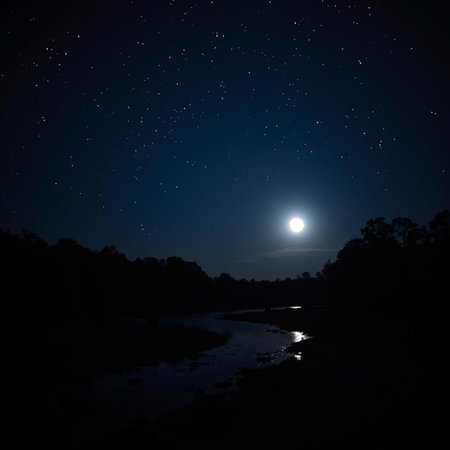Night landscape with full moon and starry sky over the river.の素材