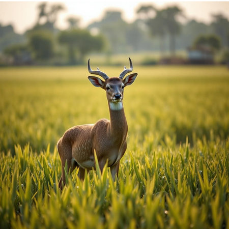 Buck antelope in the rice field at sunset,Thailandの素材