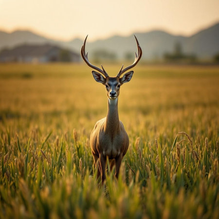 Mule Deer Buck in a Field at Sunset, Texas, USAの素材