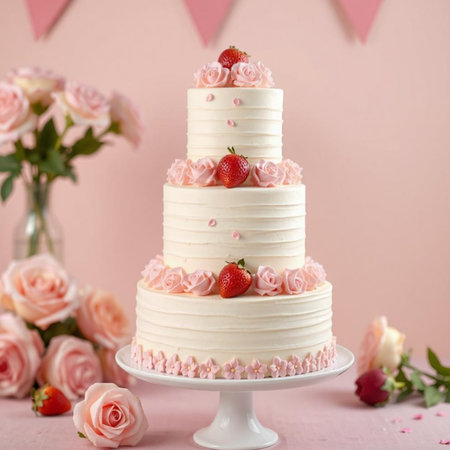 Wedding cake decorated with fresh strawberries and roses on pink backgroundの素材